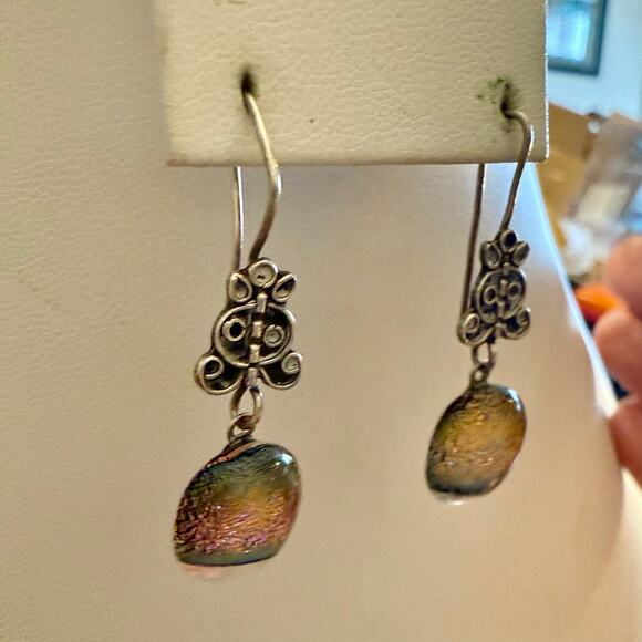 Sterling Silver Pink Dichroic Glass Dangly Earrings - Picture 5 of 5